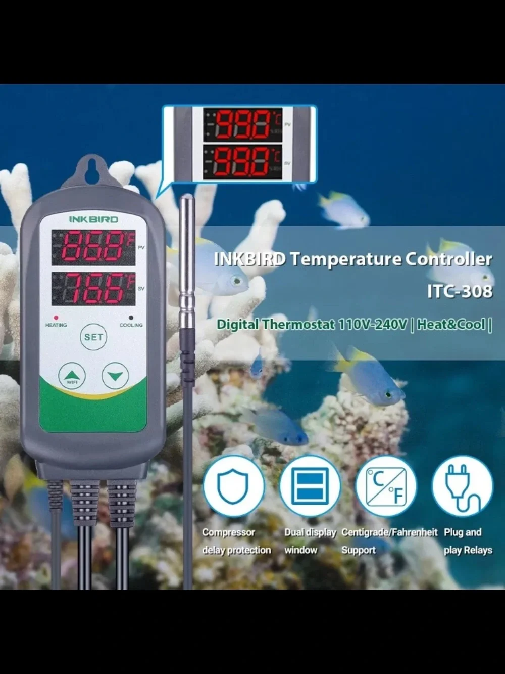 INKBIRD Temperature Controller ITC-308 Aquarium Fish Tanks Heating Cooling